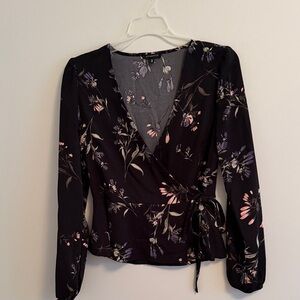 Dynamite Black Floral Wrap Blouse